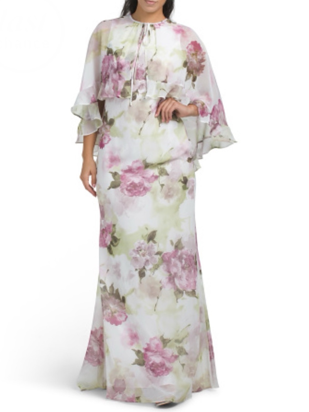 TERI JON Chiffon Floral Ruffle Caplet Gown